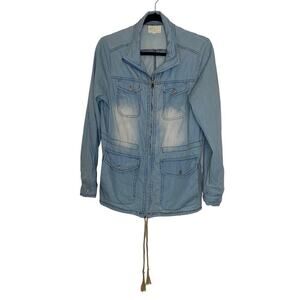 Before You Boutique Denim Zip Up Jean Jacket Cuff Sleeve Tie Waist Distressed